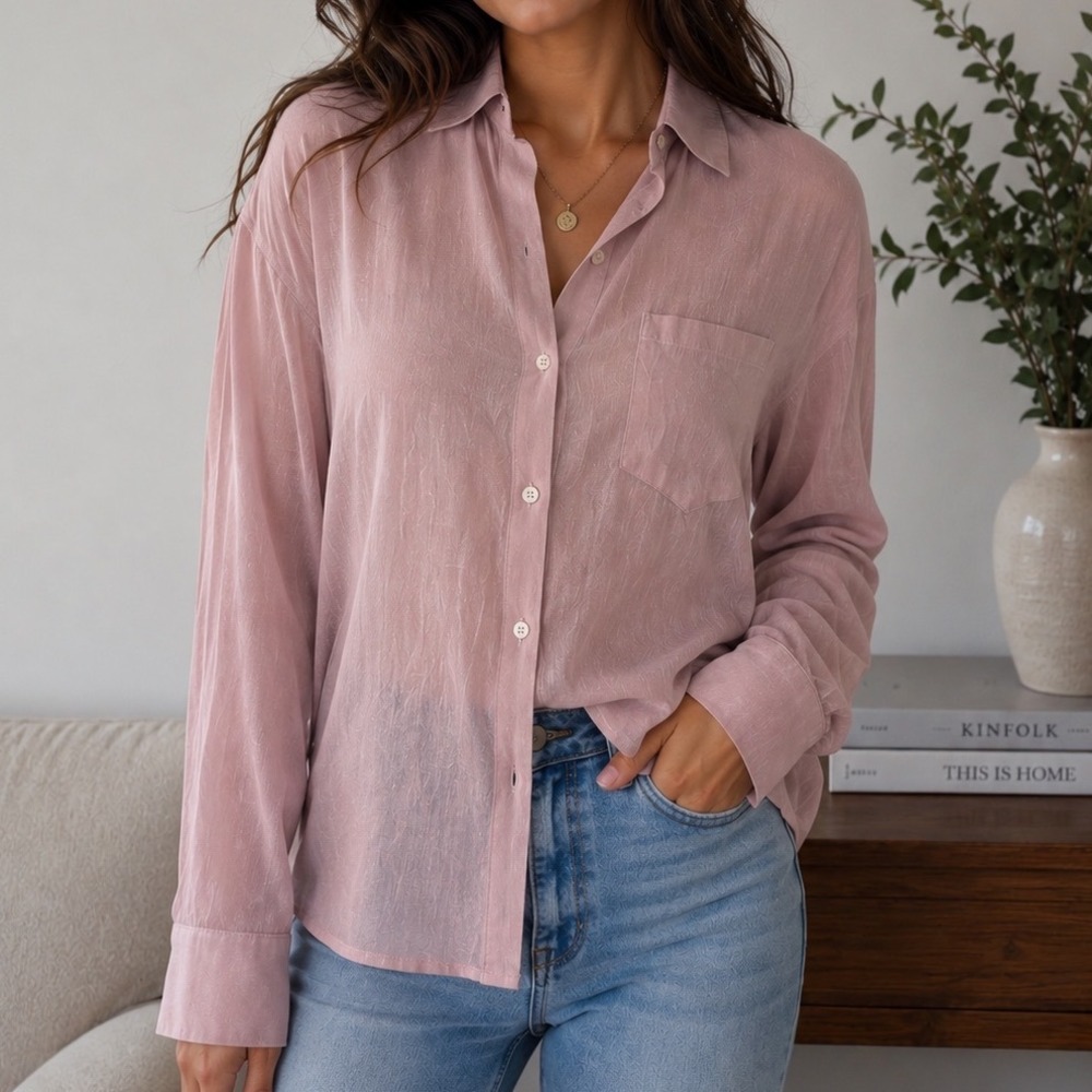 Zara Womens Medium Pink Button Down Textured Long Sleeve Blouse Pocket ff